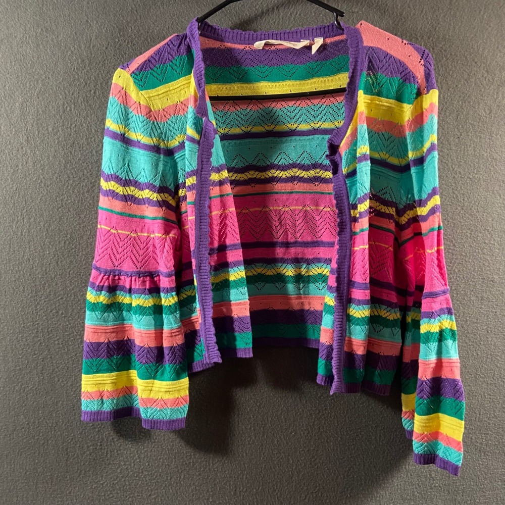 Soft Surroundings silk Cardigan Cotton Striped Pointelle Knit boho cottagecore